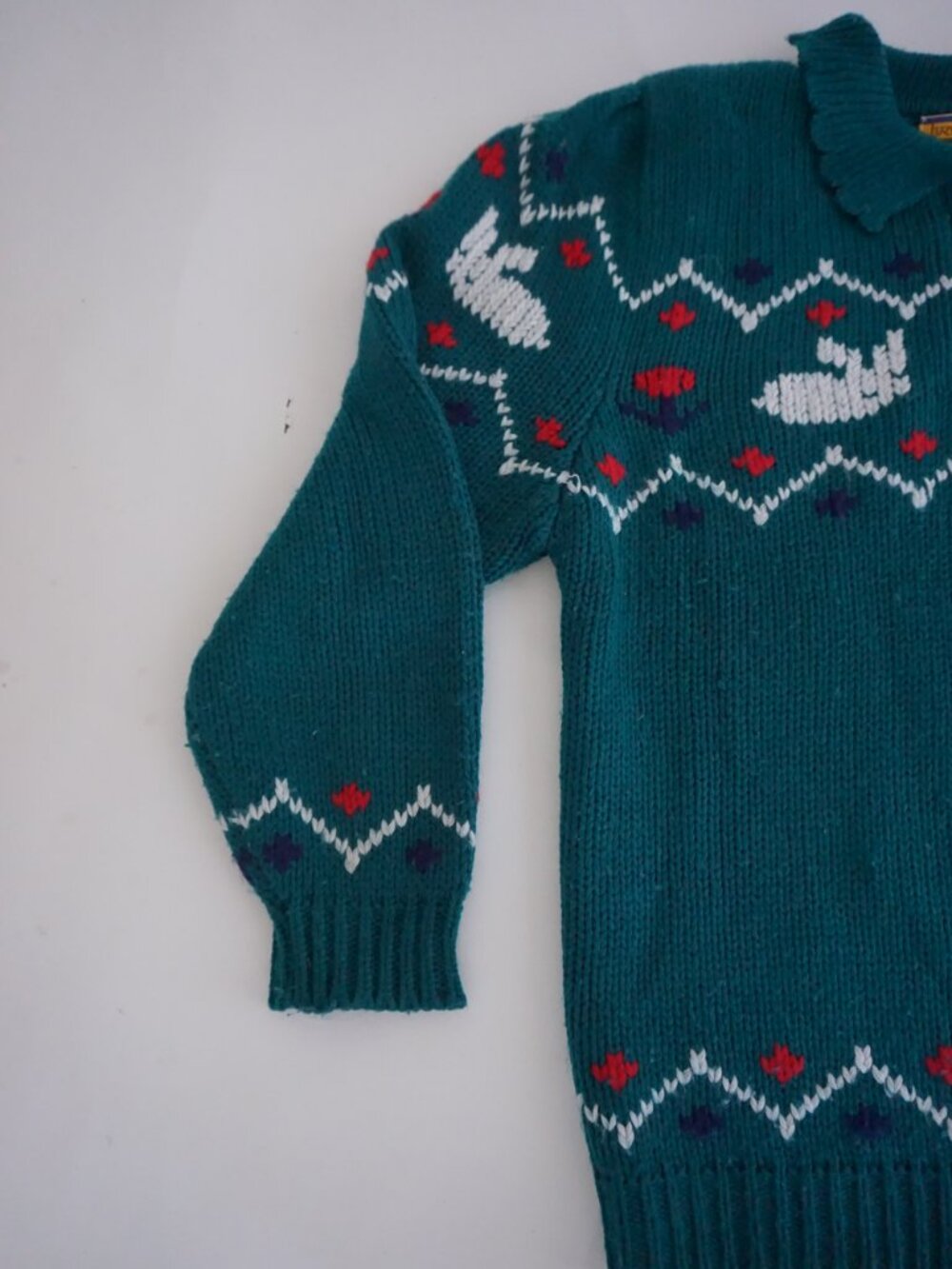 Vintage Bryn Connelly Green Bunny 15% Wool Fair Isle Knit Collared Sweater L - Picture 7 of 10